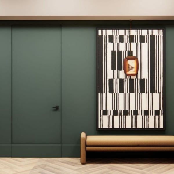 A room with a bench and a cabinet.