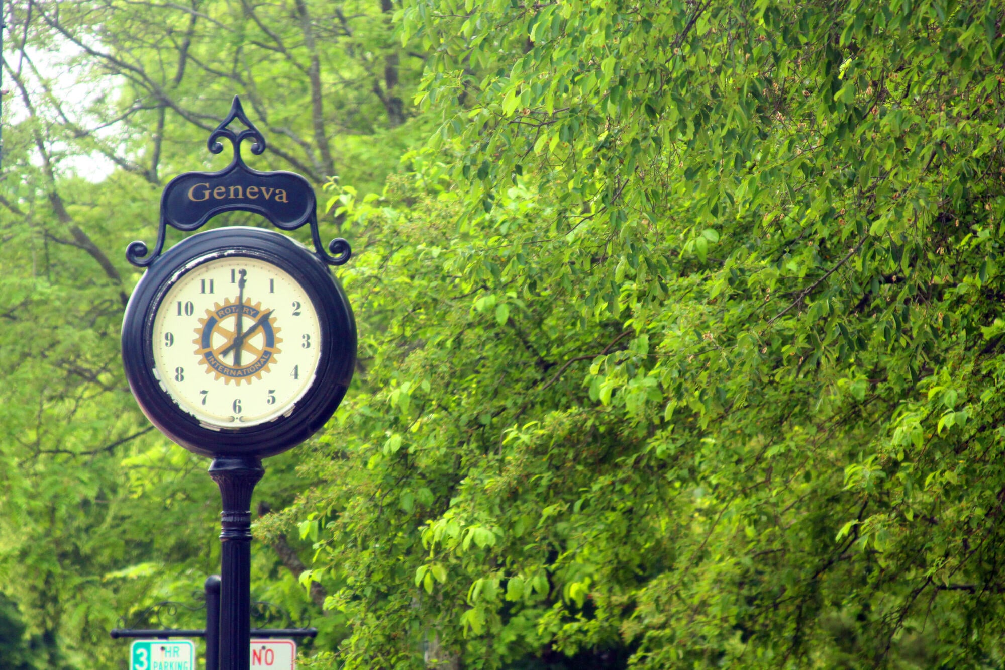Historic Rotary clock in the Third Street shopping district of downtown Geneva, near Ashford at Geneva apartments in Geneva, IL