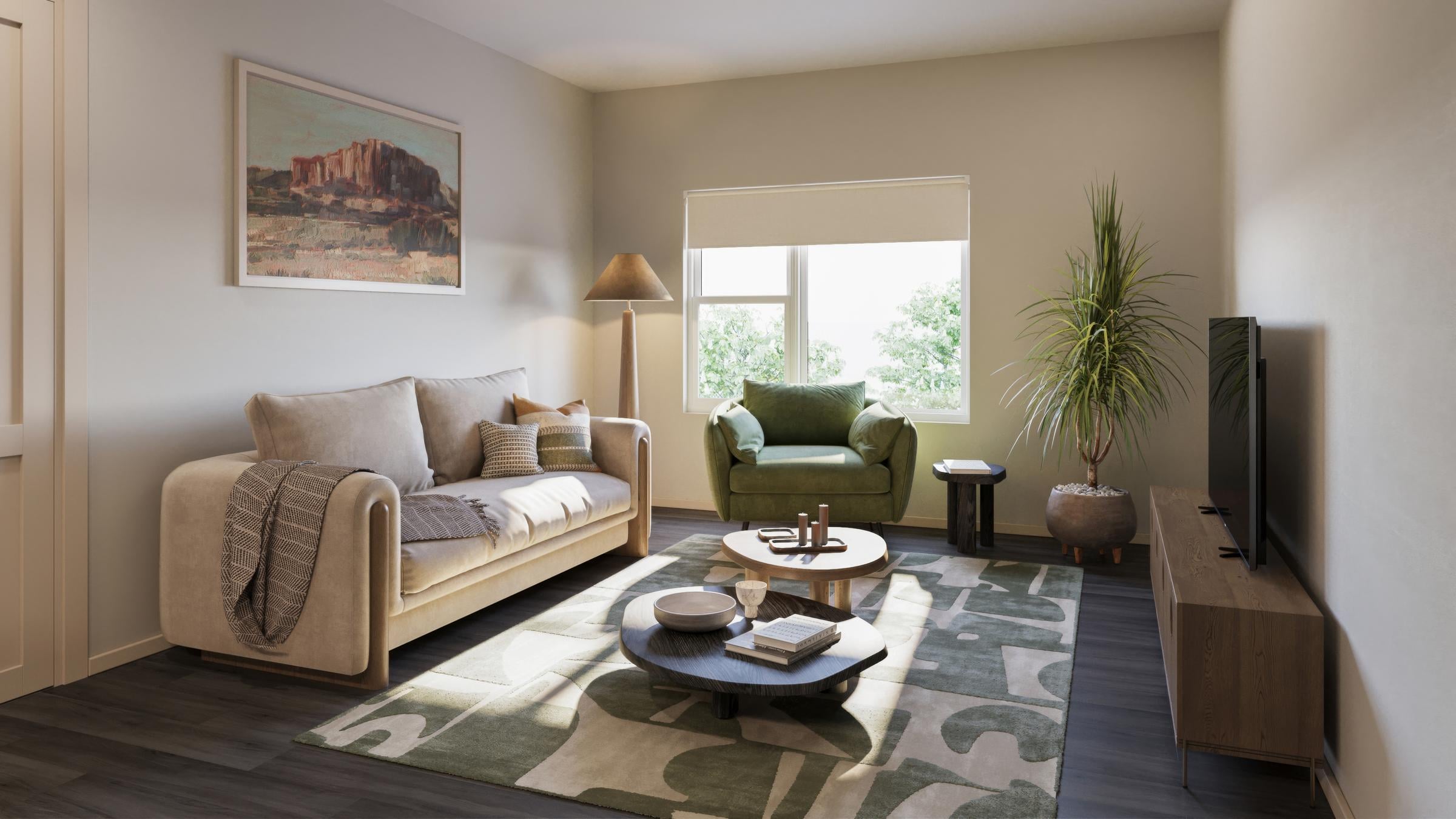 Everstone in Phoenix, Arizona, apartment living room rendering with comfortable seating, natural light, and warm finishes.