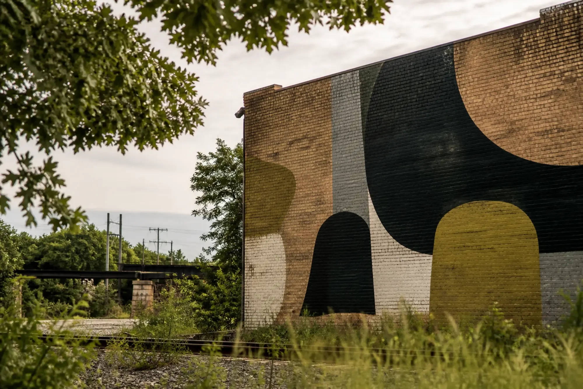 Lofts at Durham Park, Richmond, VA: concept image of a black, cream and olive mural on a brick wall beside trees and grasses.