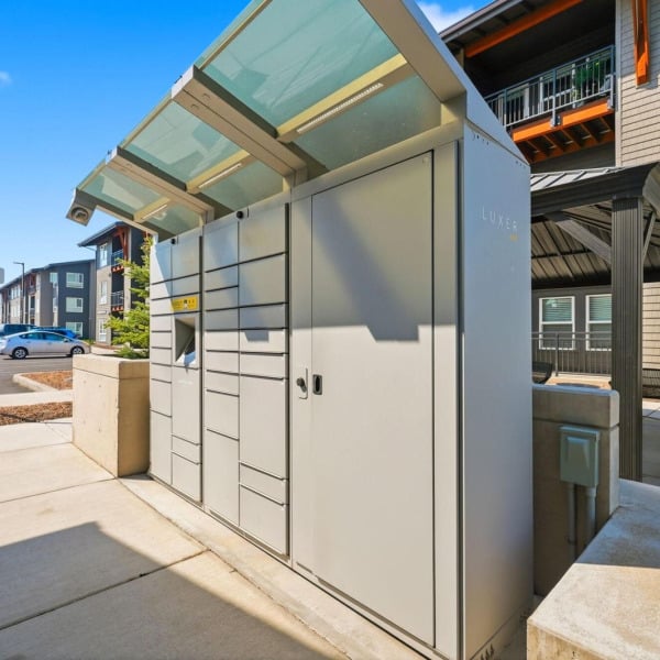 Secure Luxer package lockers for resident deliveries at Cypress apartments in Redmond, Oregon.