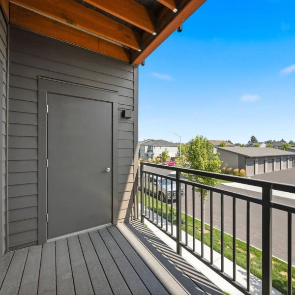 Extra exterior storage closet on the private balcony of an apartment home at Cypress in Redmond, Oregon.