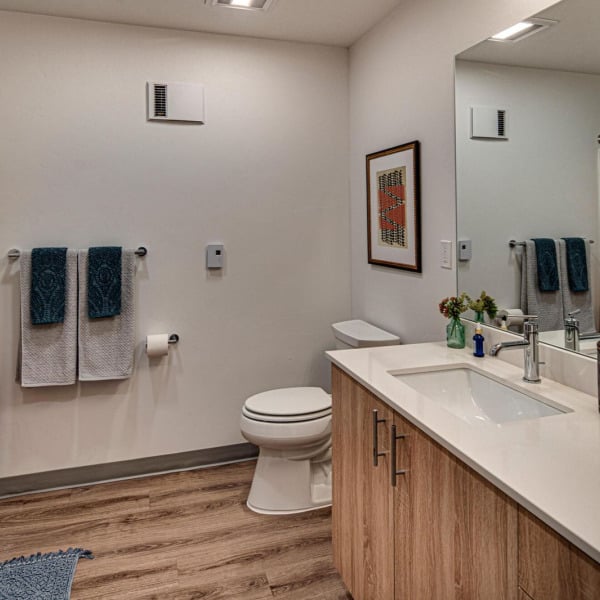Furnished model bathroom with a soaking tub and styled vanity at Cypress apartments in Redmond, Oregon.