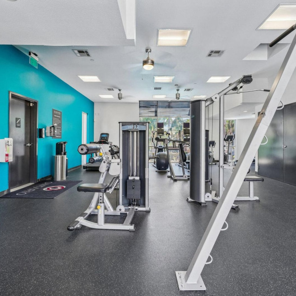 Functional trainer and cable machine in the resident gym at Ontario Town Square Townhomes in Ontario, California.