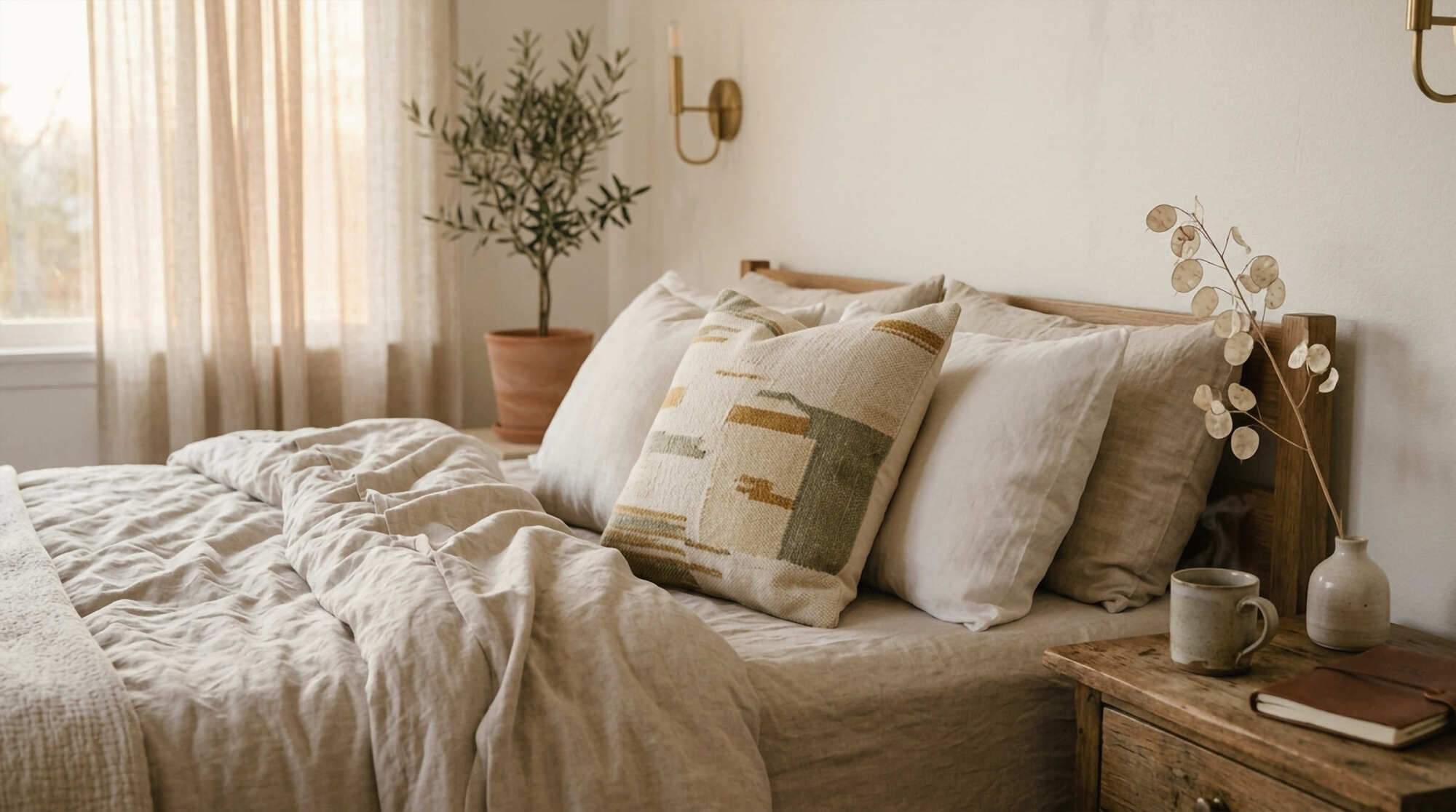 Ellwyn in Cottage Grove, Minnesota, bedroom scene with layered neutral bedding, wood furniture, plants, and warm natural light.