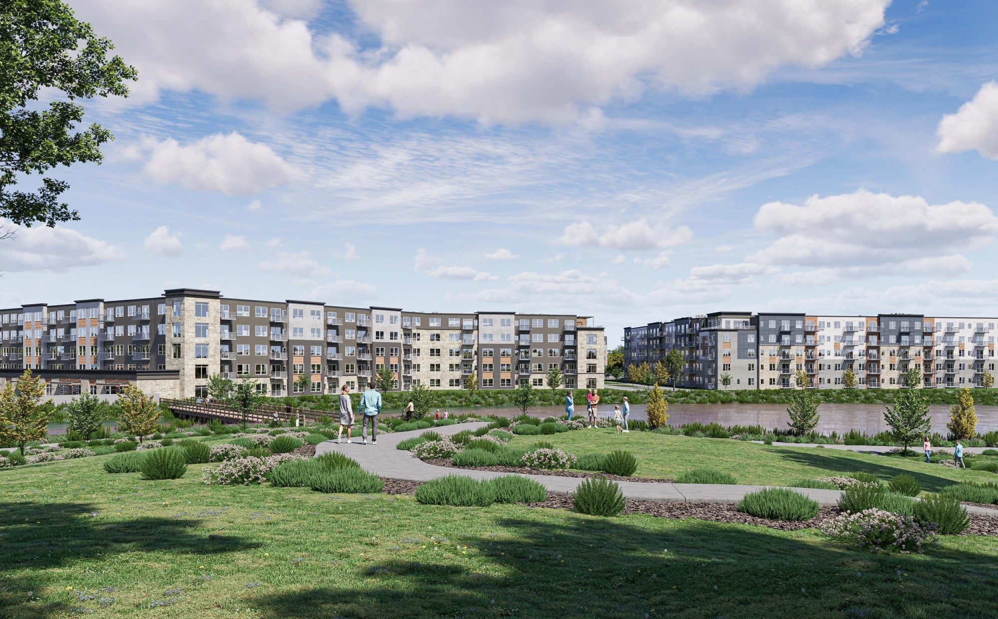 Rendering of The Boulevard, a multi-use redevelopment in Plymouth, MN by Roers Companies and Scannell Properties, featuring multifamily buildings overlooking a pond with landscaped green space, walking paths, and a pedestrian bridge.