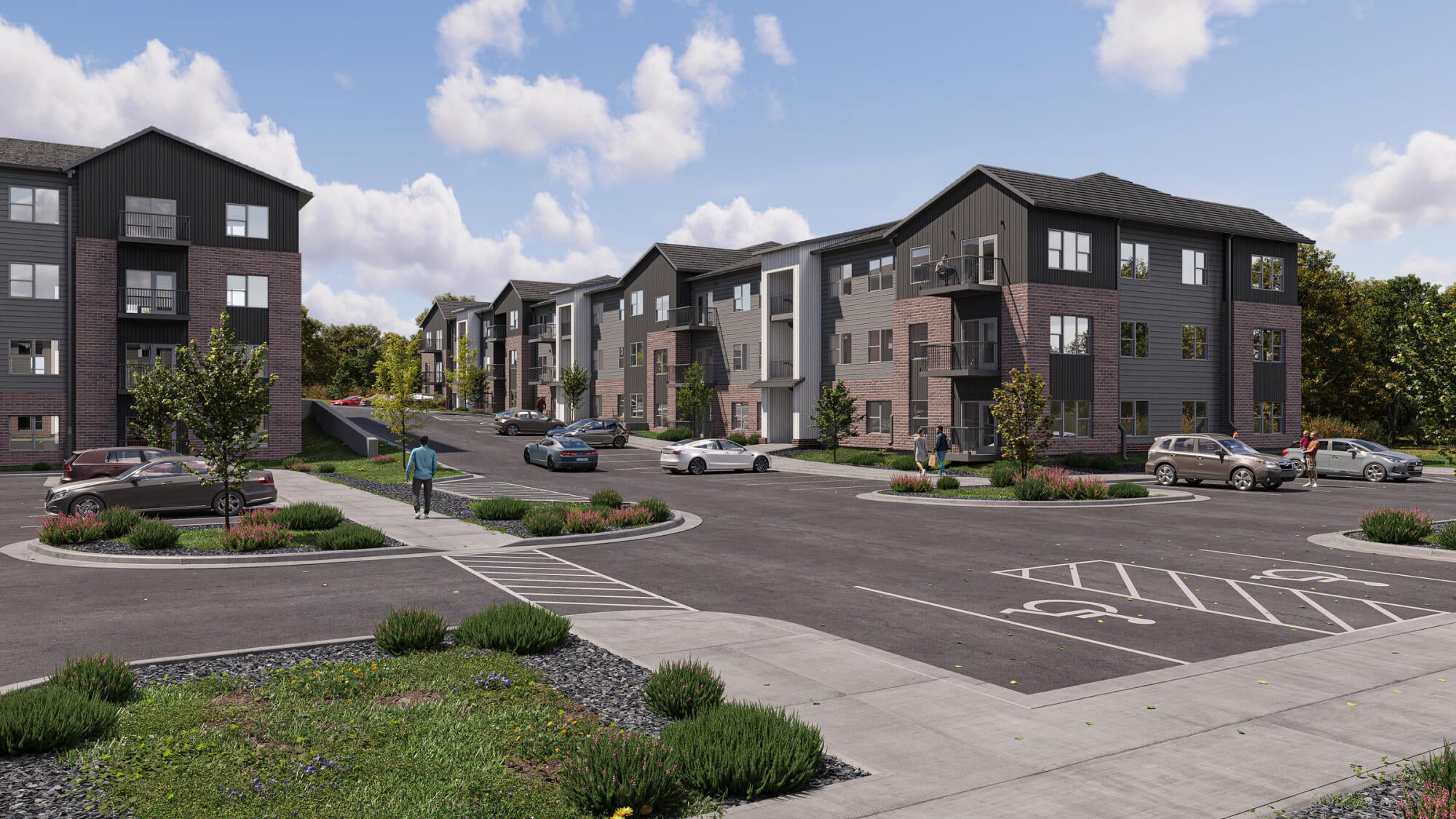 Rendering of the resident entrance and landscaped courtyard between apartment buildings at Vintage on West Boulevard