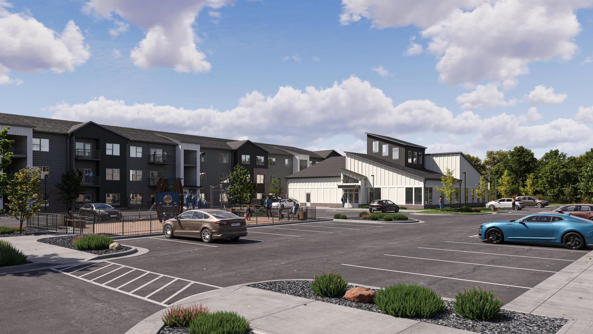 Rendering of the clubhouse and fenced tot lot play area at Vintage on West Boulevard in Charlotte, NC