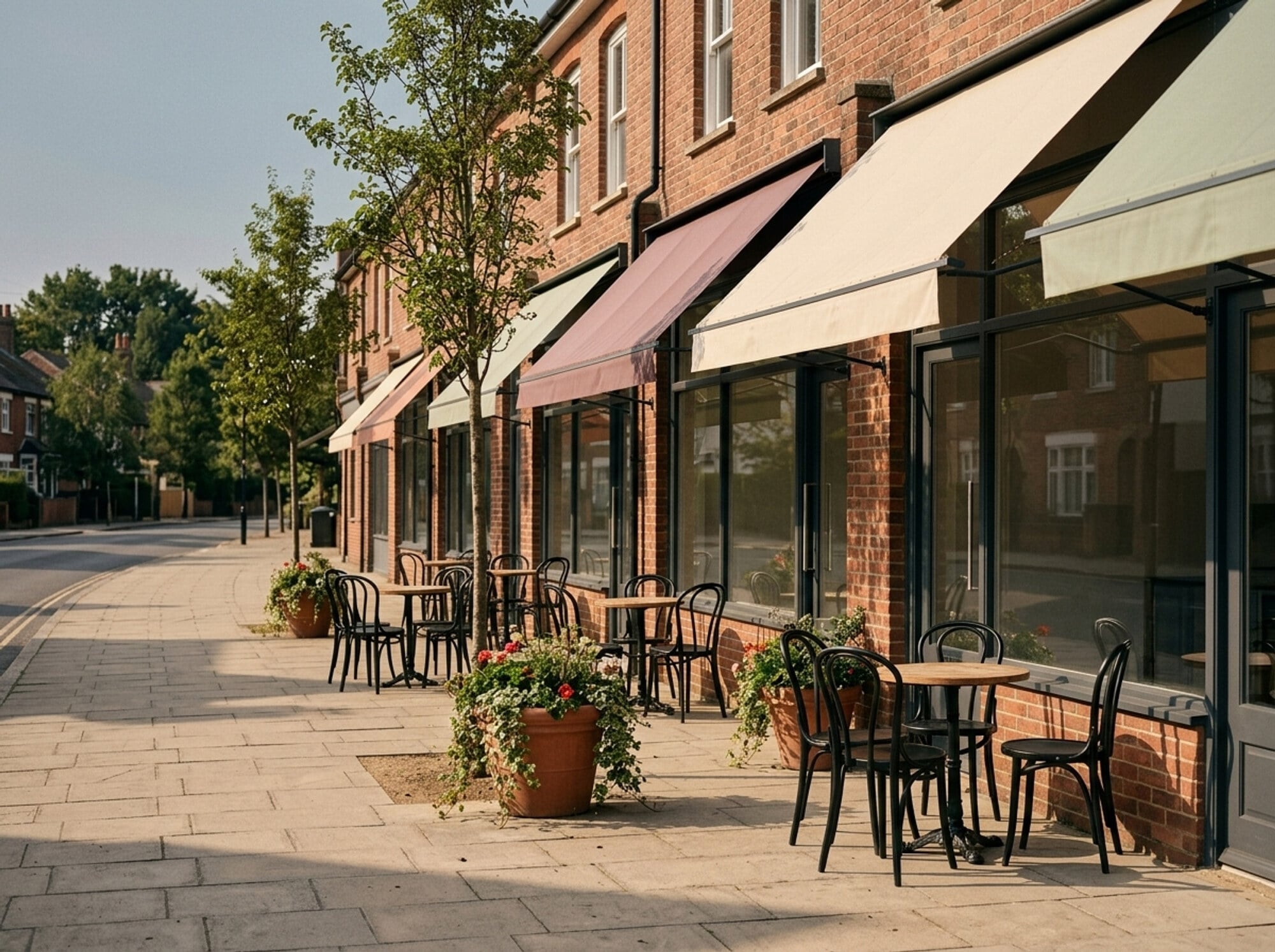 Neighborhood street with cafes and independent shops, reflecting the local dining and shopping near Vintage on West Boulevard