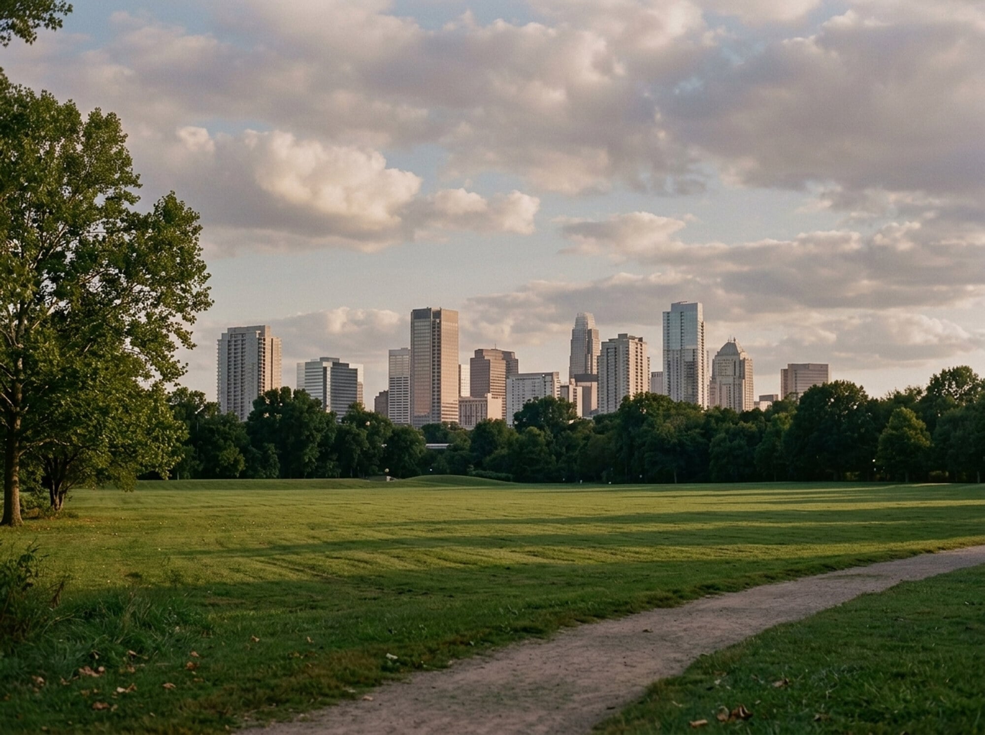 City skyline viewed across open parkland, reflecting the short drive from Vintage on West Boulevard to Uptown Charlotte
