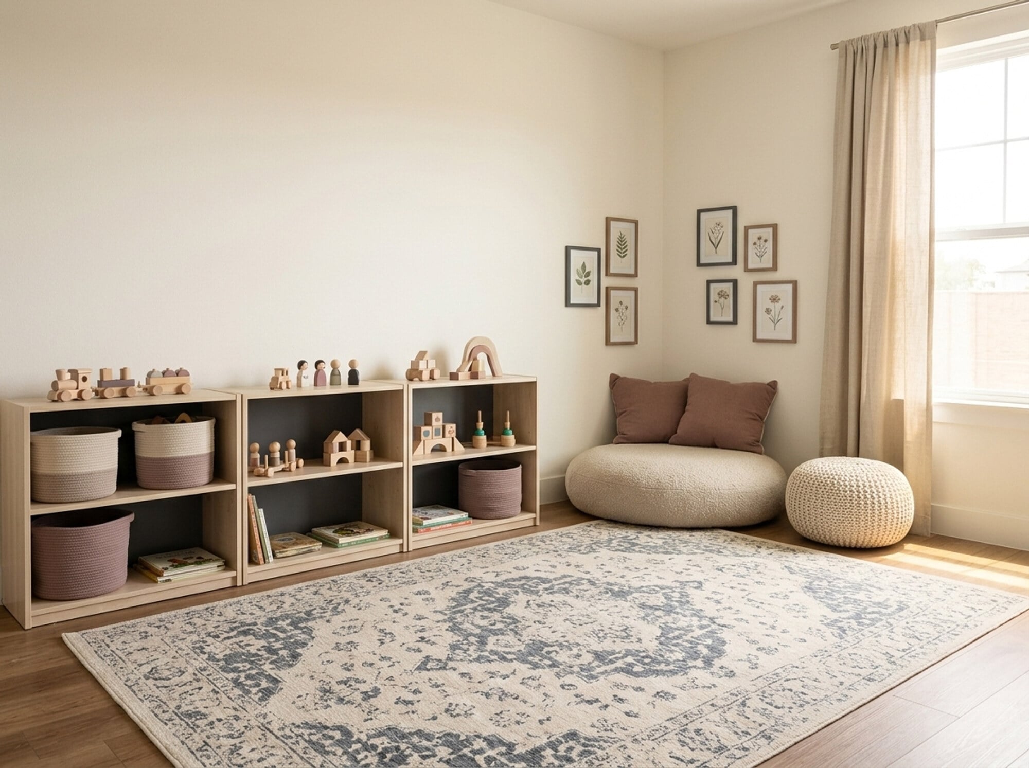 Children's playroom at Vintage on West Boulevard with low shelving, wooden toys and a soft reading nook