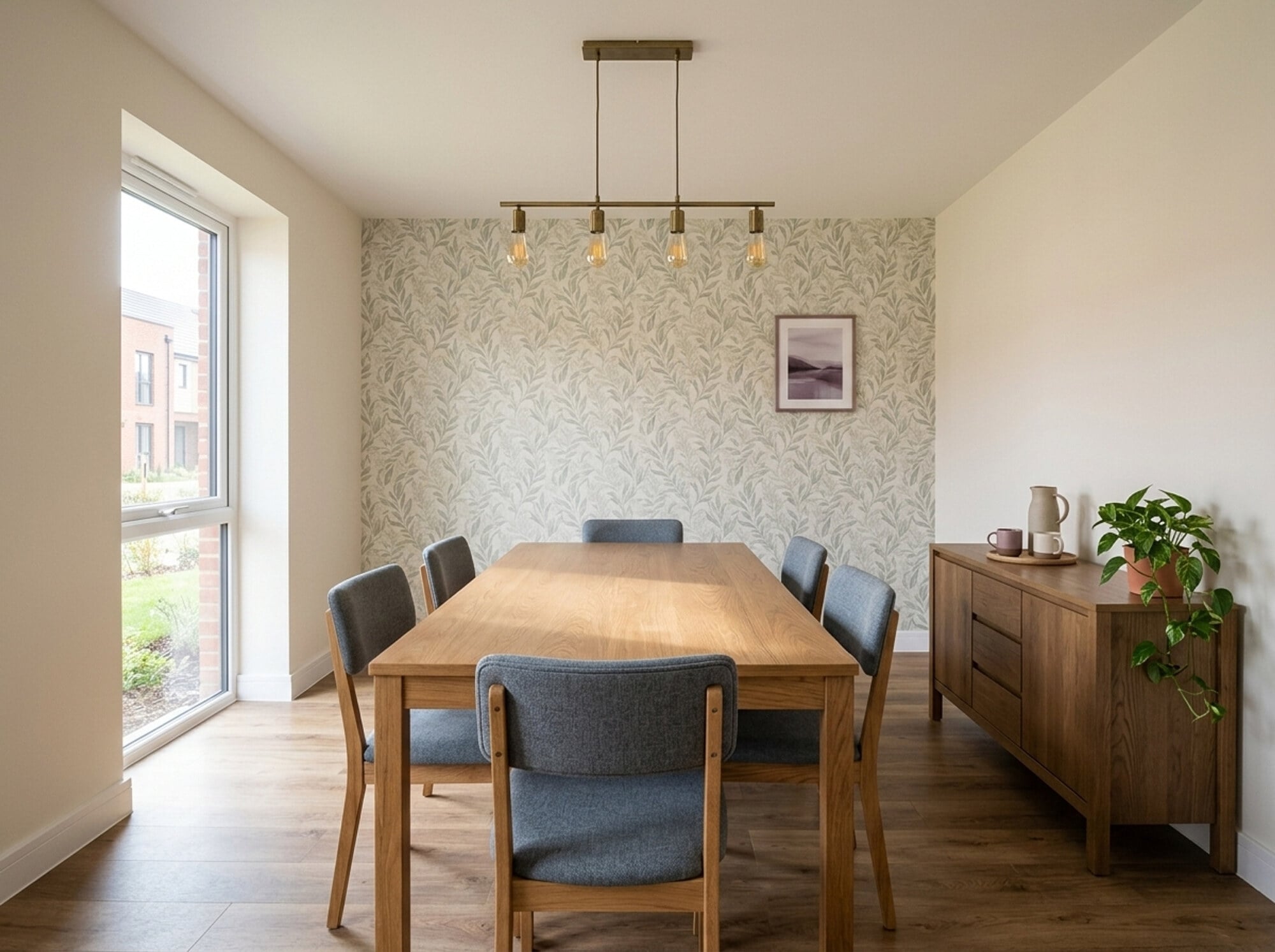 Resident conference room at Vintage on West Boulevard with a six-seat table and botanical wallcovering