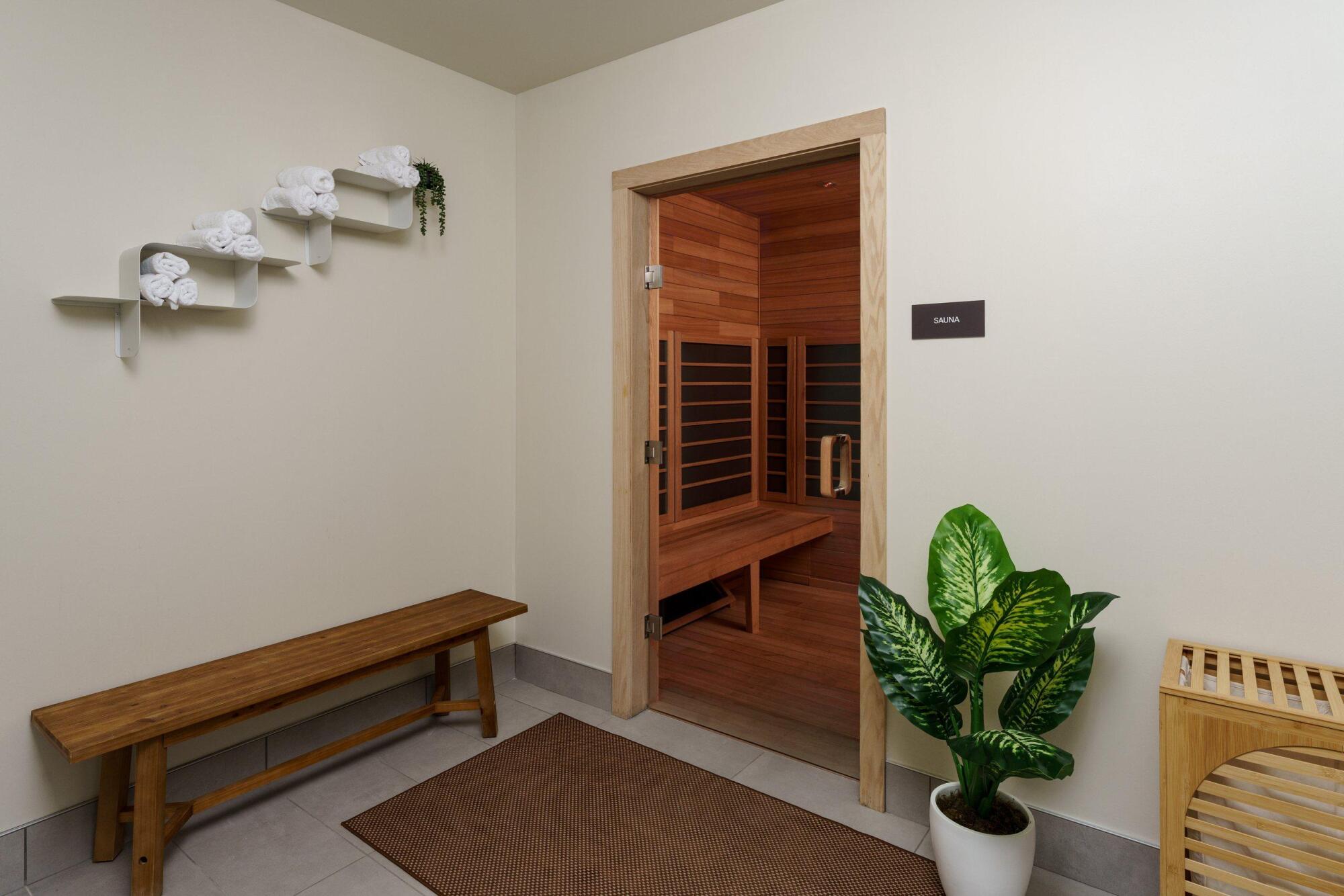 Wellness room with a wood sauna cabin, a wooden bench, towel shelves and a potted plant