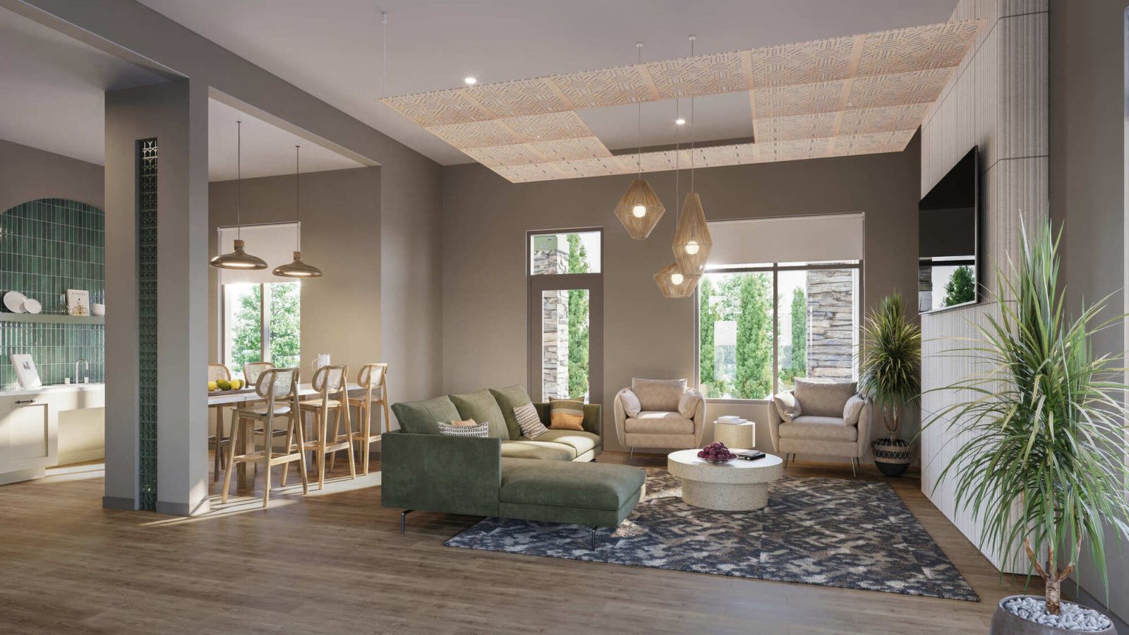 Everstone in Phoenix, Arizona, clubhouse rendering with lounge seating and a shared community kitchen.