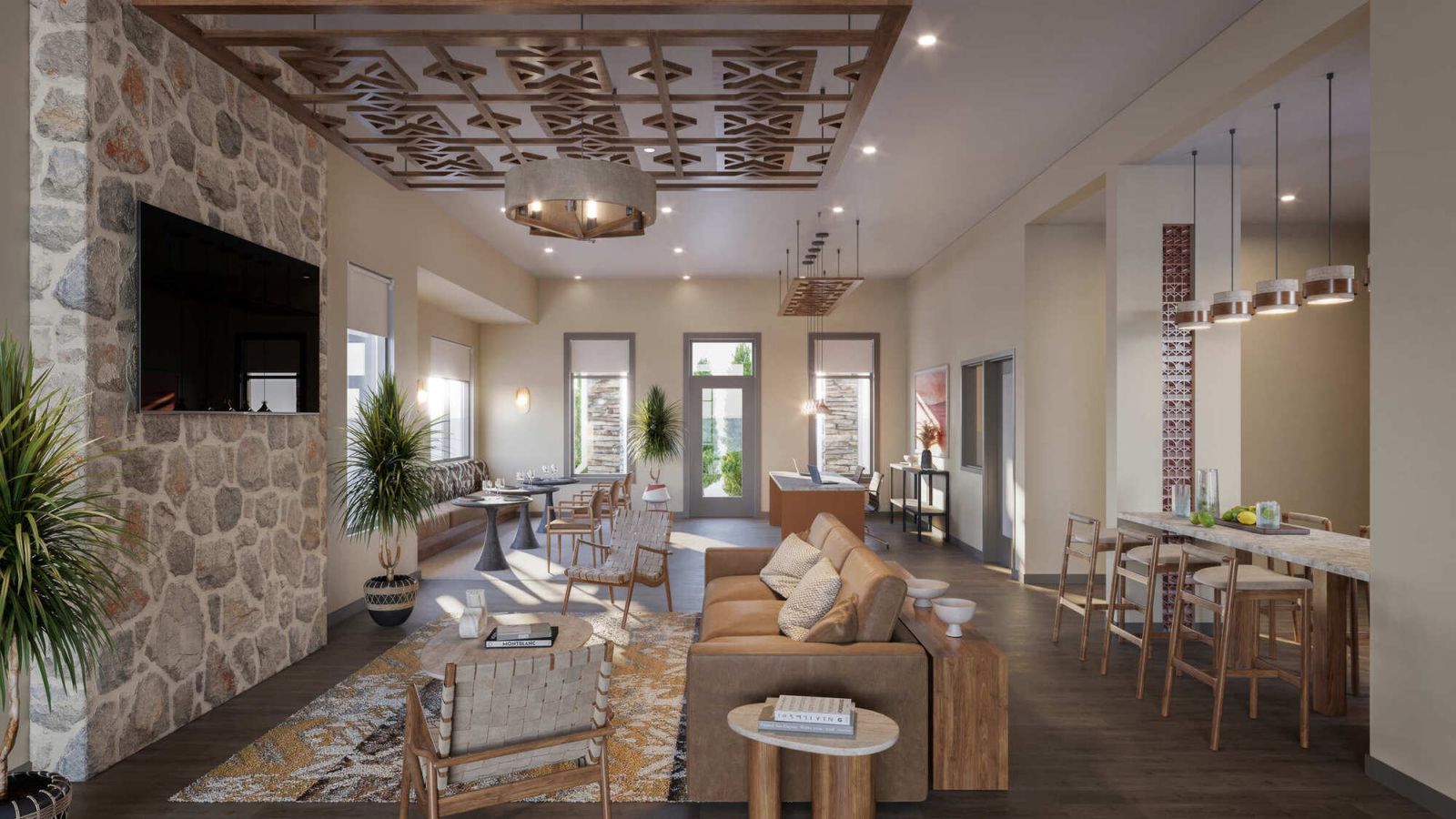 Everstone in Phoenix, Arizona, clubhouse rendering with lounge seating and a stone accent wall.