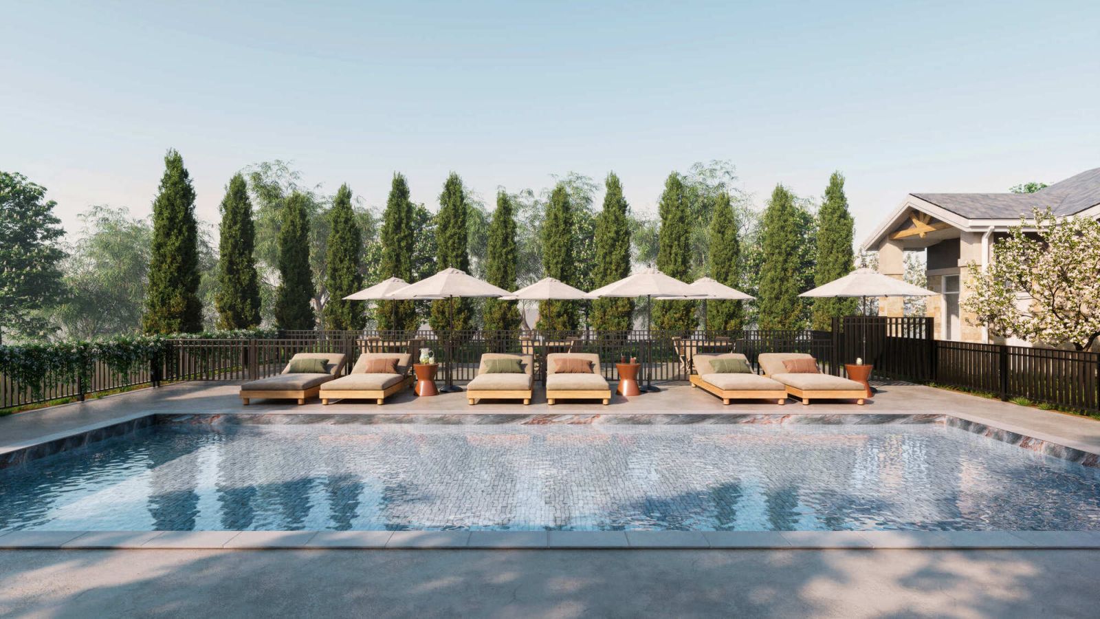 Everstone in Phoenix, Arizona, outdoor pool rendering with shaded seating, lounge chairs, and desert landscaping.