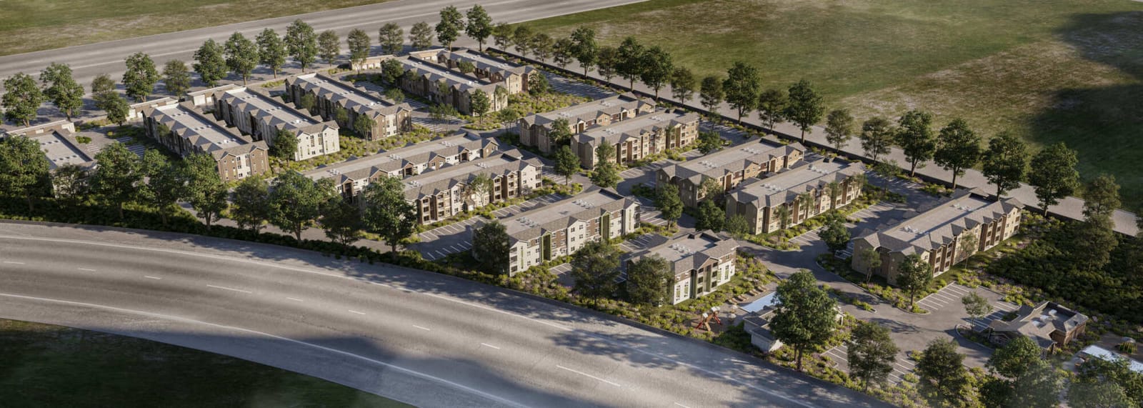 Everstone in Phoenix, Arizona, aerial rendering showing the planned apartment buildings, parking areas, and surrounding desert landscape.