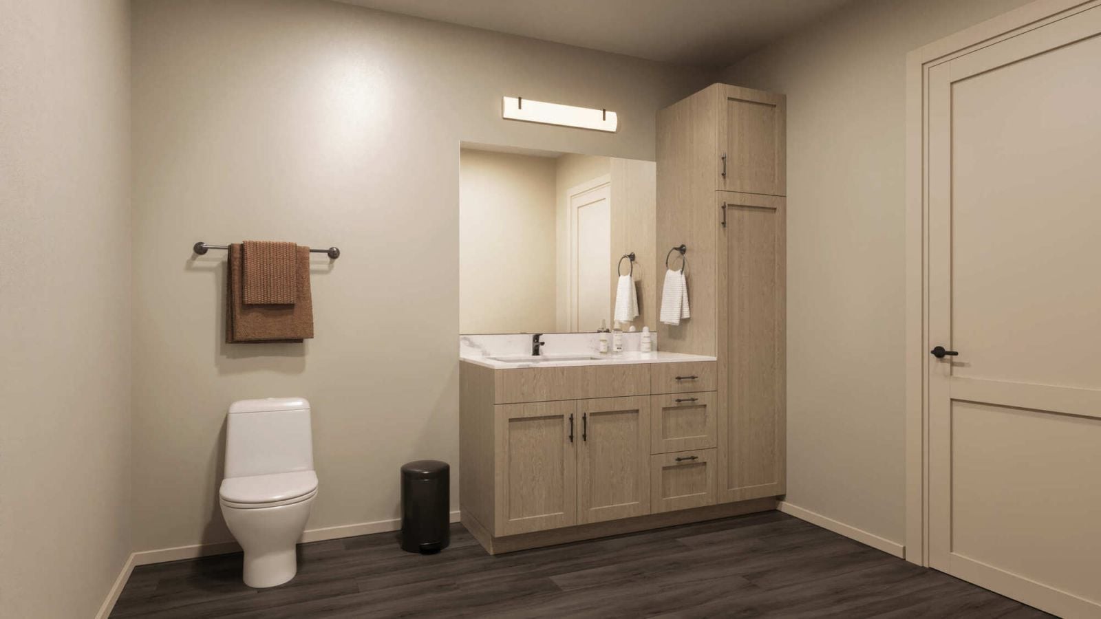 Everstone in Phoenix, Arizona, apartment bathroom rendering with a wood vanity, mirror, and tub-shower combination.