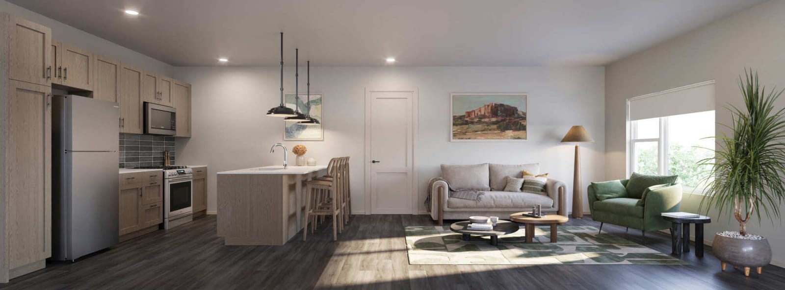 Everstone in Phoenix, Arizona, apartment rendering with an open kitchen, dining area, and connected living space.