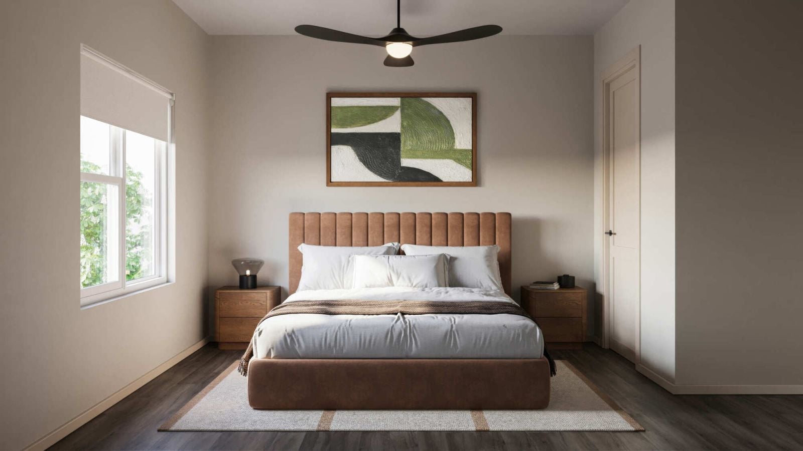 Everstone in Phoenix, Arizona, apartment bedroom rendering with a ceiling fan, window, and neutral finishes.
