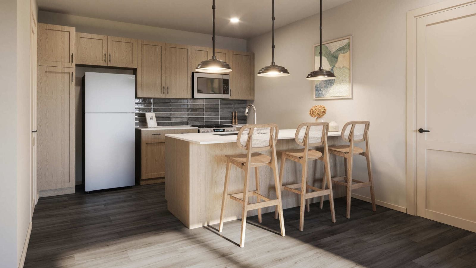 Everstone in Phoenix, Arizona, apartment kitchen rendering with light wood cabinets, an island, and stainless steel appliances.