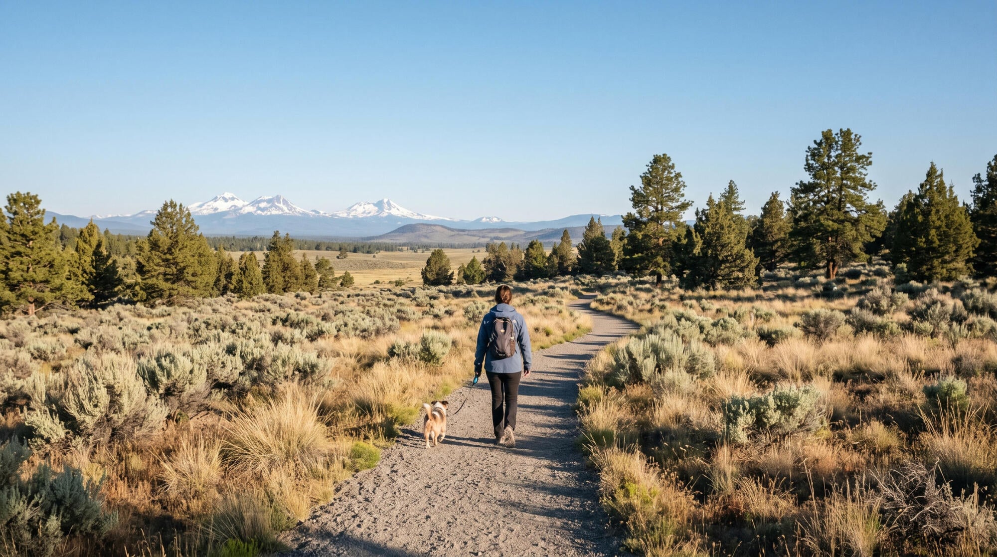 A morning dog walk through sagebrush and ponderosa pines toward snow-capped peaks in the high desert around Cypress apartments in Redmond, Oregon.