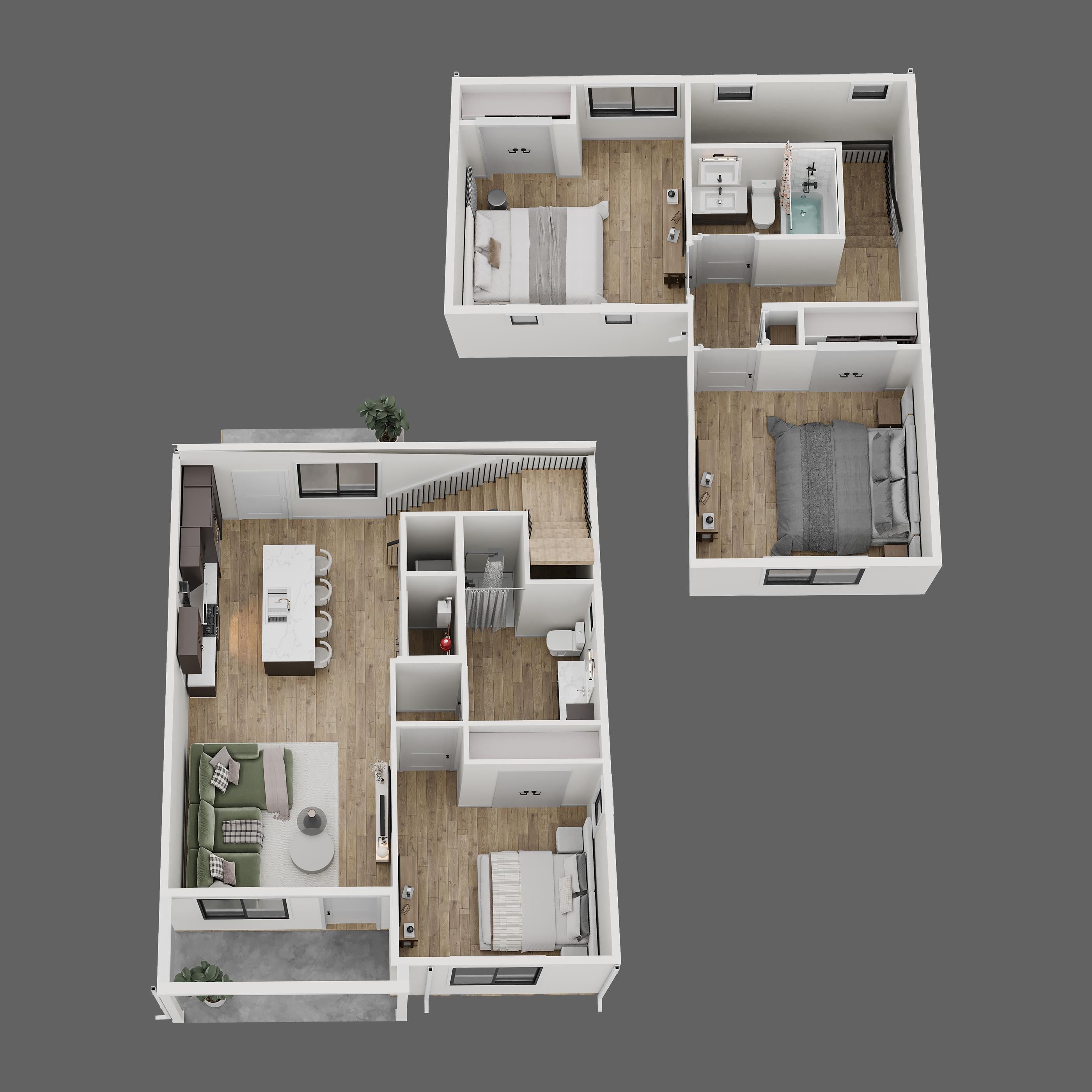Three-bedroom, two-bath single-family townhome.