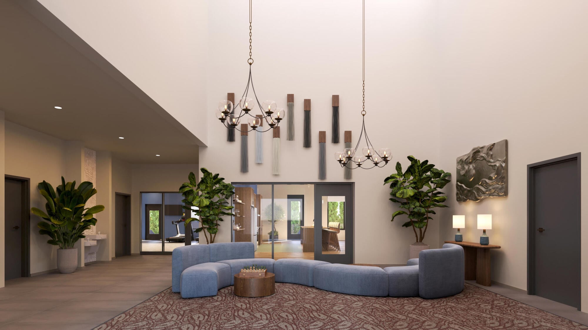 Vintage on West Boulevard lobby rendering in Charlotte, NC, with a curved lounge sofa, globe chandeliers and a double-height ceiling.