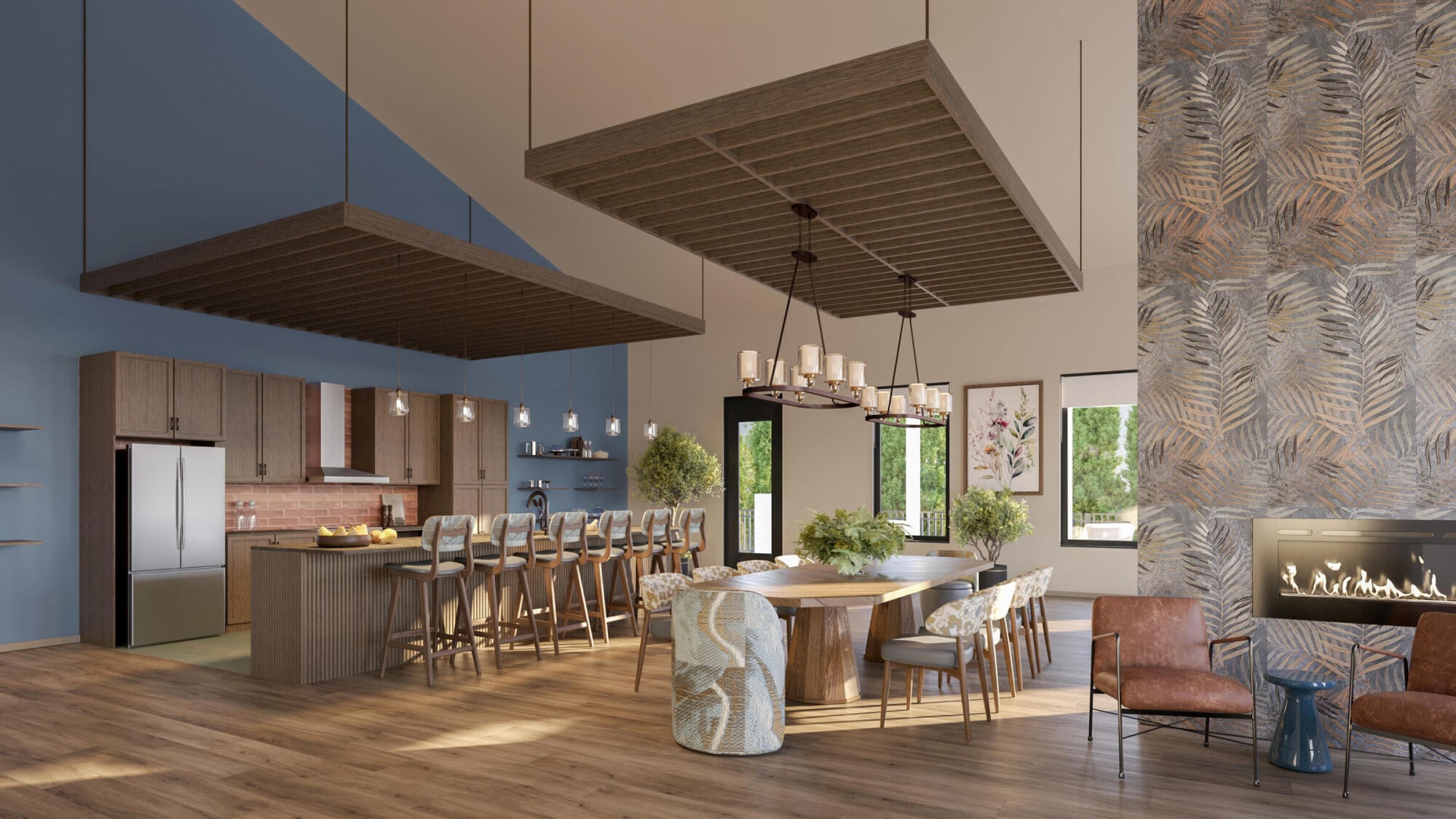 Vintage on West Boulevard clubroom rendering in Charlotte, NC, with a kitchen island, bar seating, communal dining table and fireplace lounge.