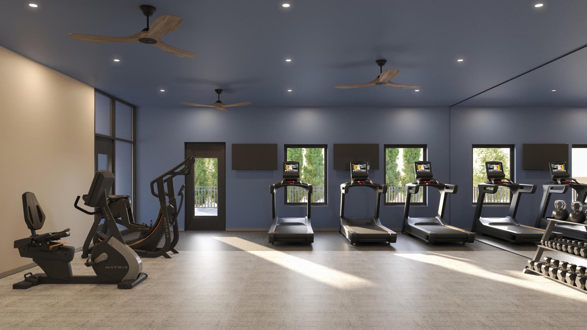 Vintage on West Boulevard fitness center rendering in Charlotte, NC, with treadmills, a recumbent bike, free weights and natural light.