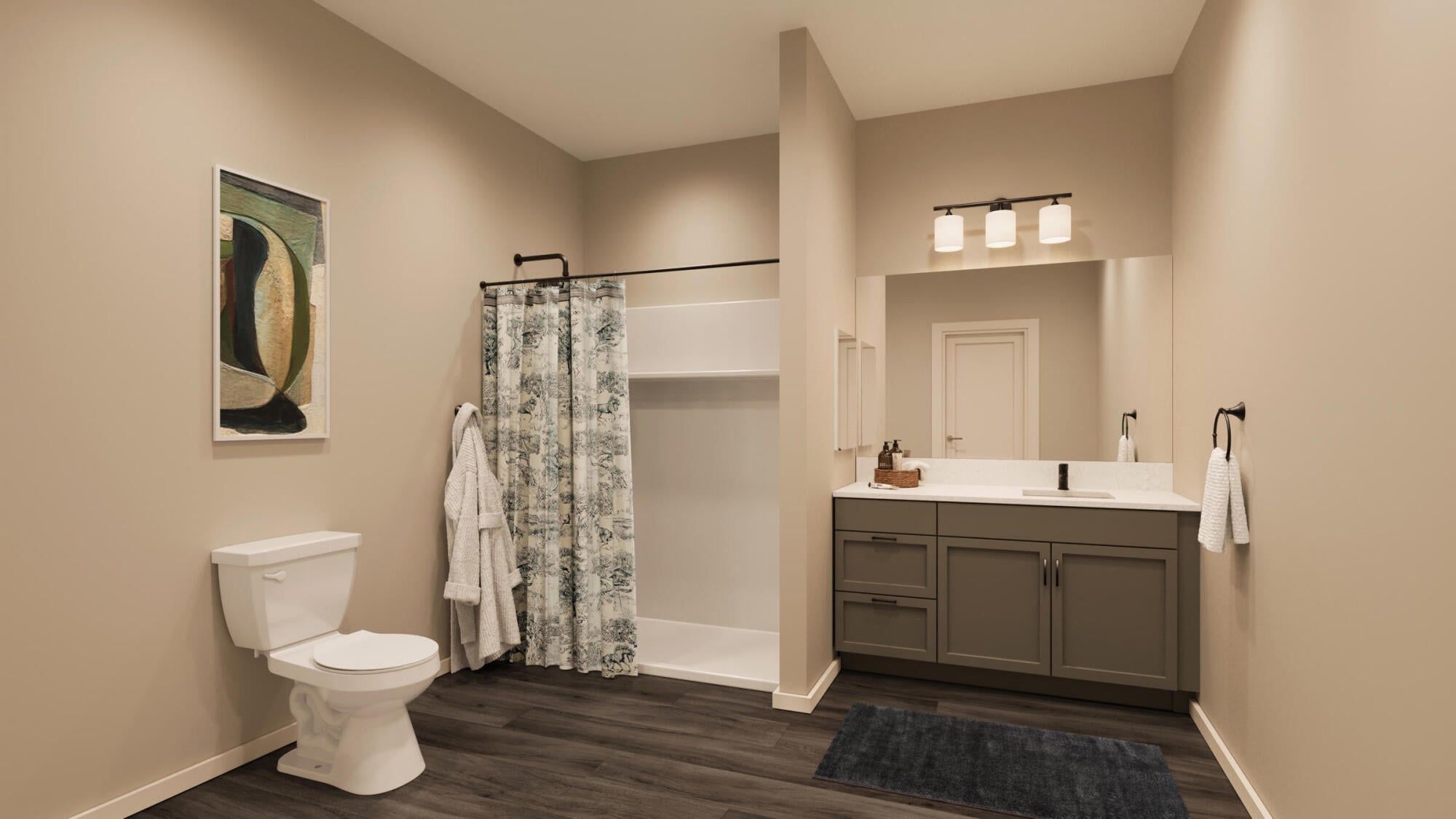 Vintage on West Boulevard apartment bathroom rendering in Charlotte, NC, with a walk-in shower, gray vanity cabinets and plank flooring.