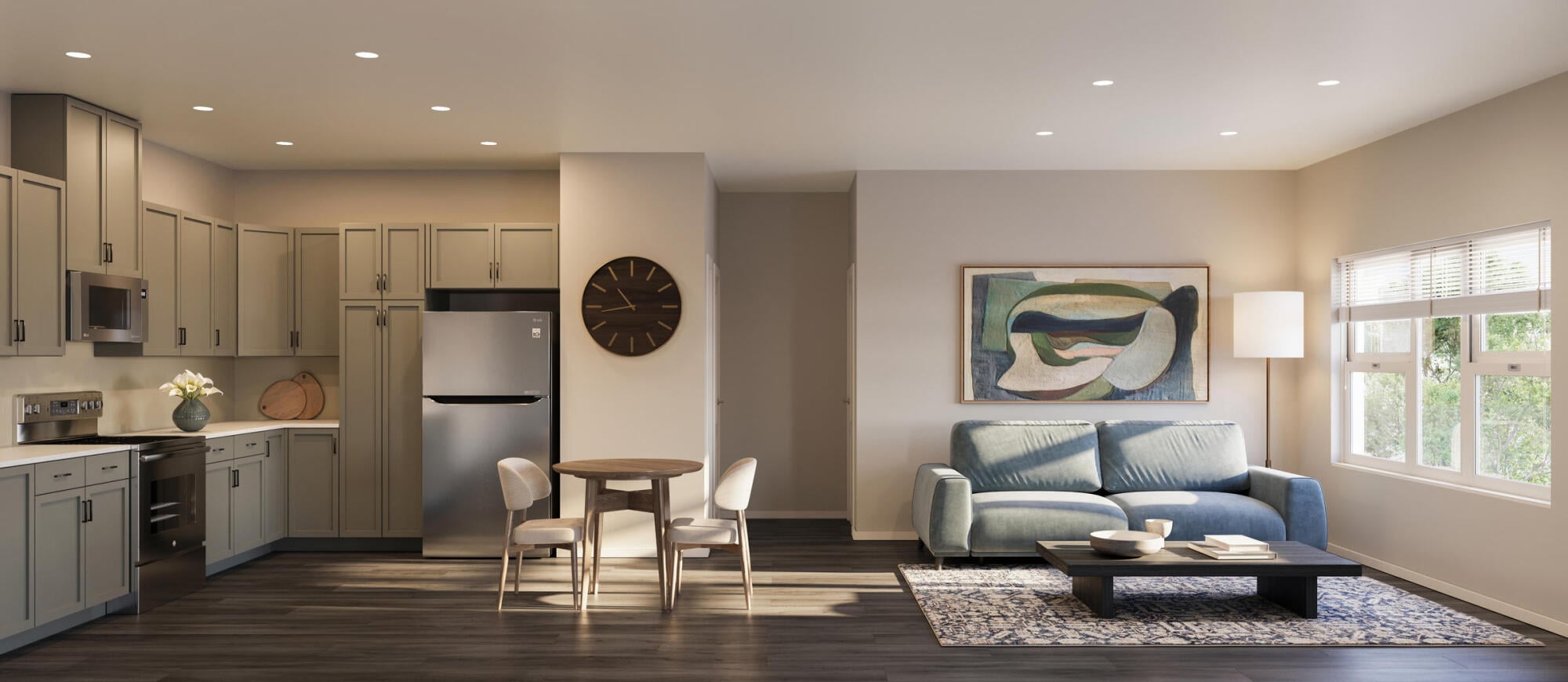 Vintage on West Boulevard apartment rendering in Charlotte, NC, with an open kitchen, stainless steel appliances, dining area and living room.