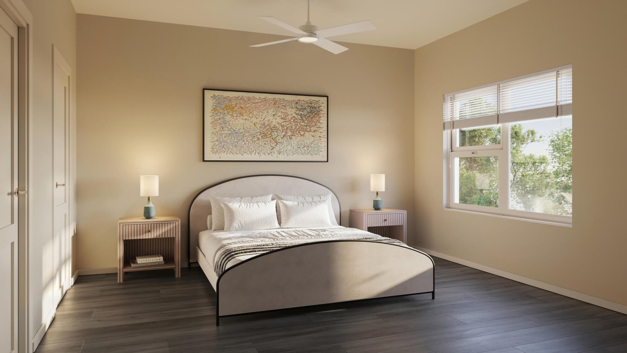 Vintage on West Boulevard apartment bedroom rendering in Charlotte, NC, with a ceiling fan, large window and plank flooring.