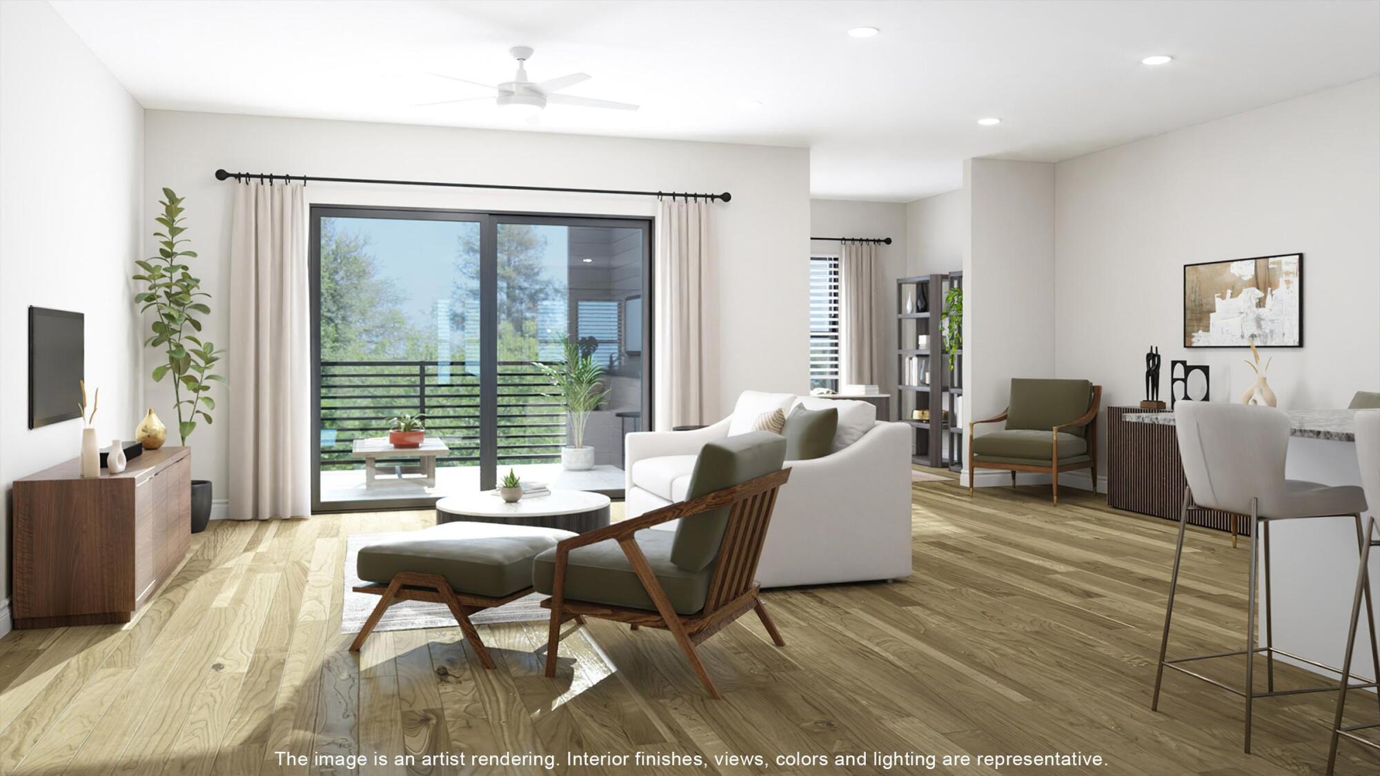 Artist’s rendering of an open living room with balcony access and wood-style flooring at Lofts at Durham Park.